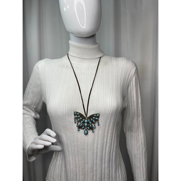 Butterfly necklace turquoise blue silver tone pendant on brown cord suede - Picture 5 of 10